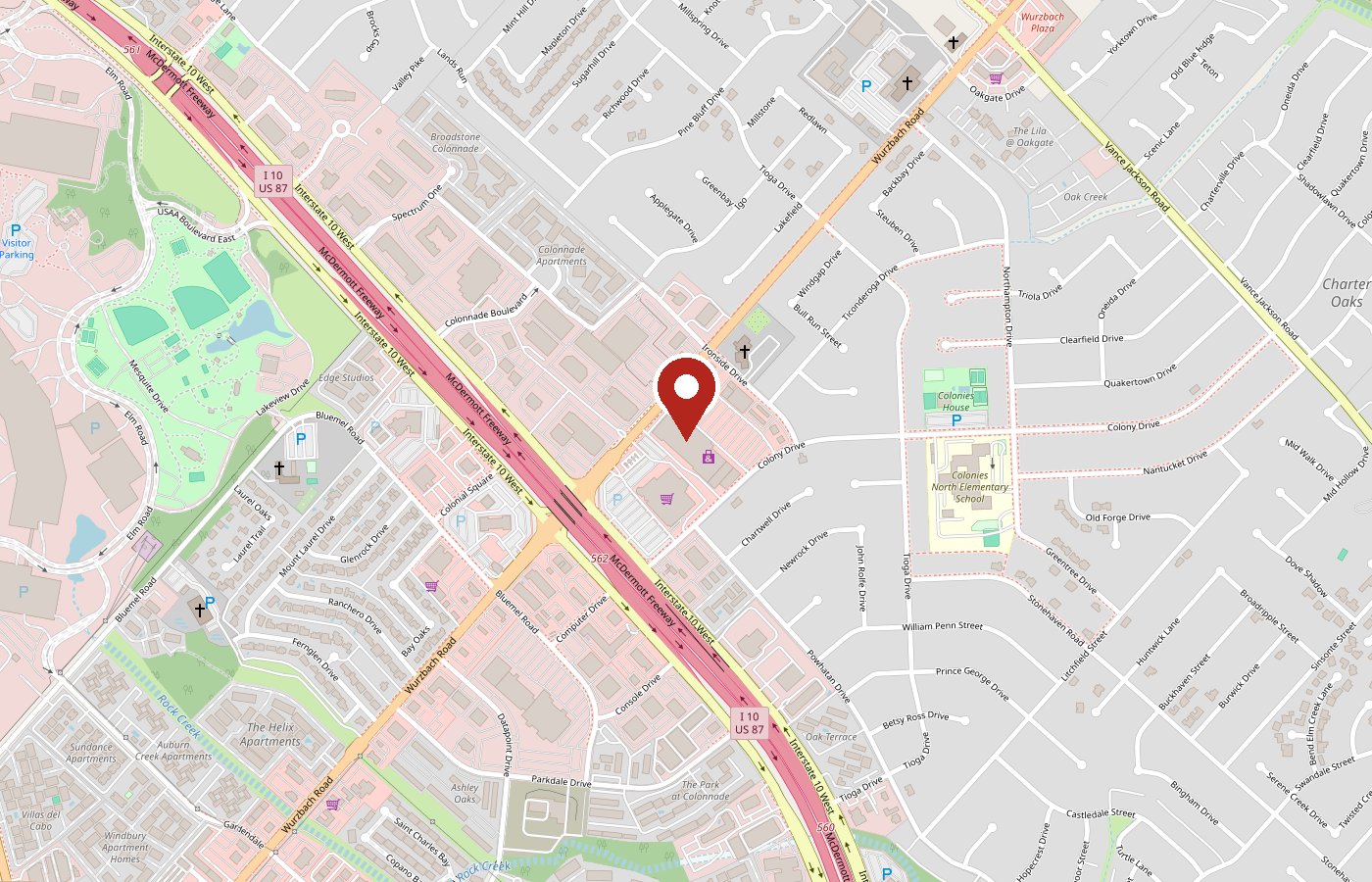 Map showing the restaurant on Colony Dr near Wurzbach Rd and I-10
